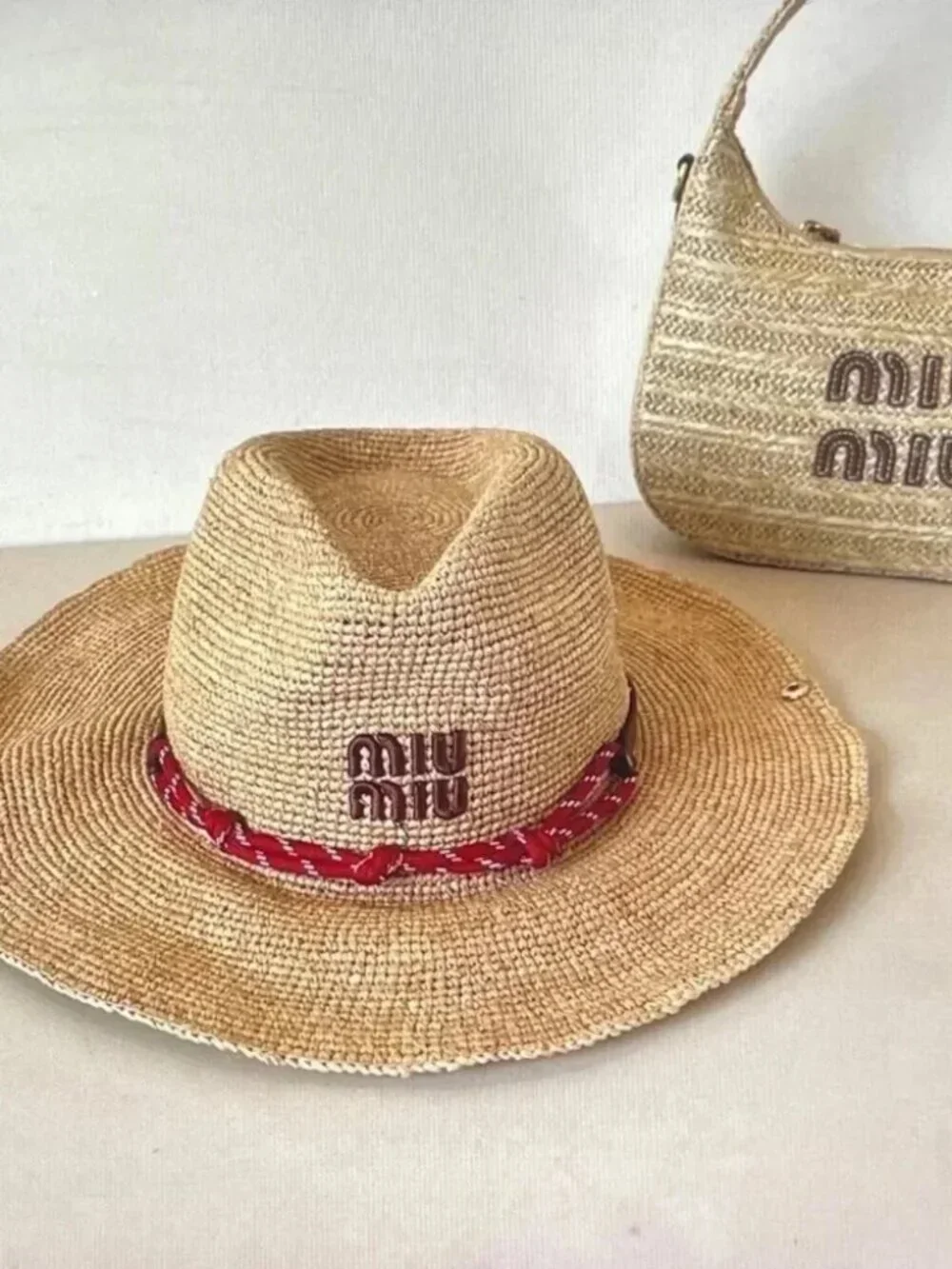 Miu Miu Natural Straw Hat with Red Braided Trim - Picture 3 of 5
